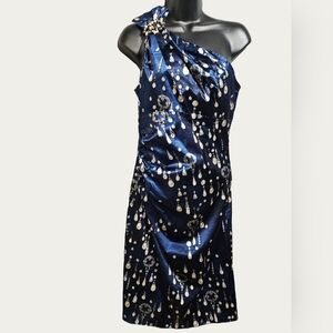 David Meister Blue Pearl Satin One Shoulder Sheath Cocktail Dress Jewel Print 6